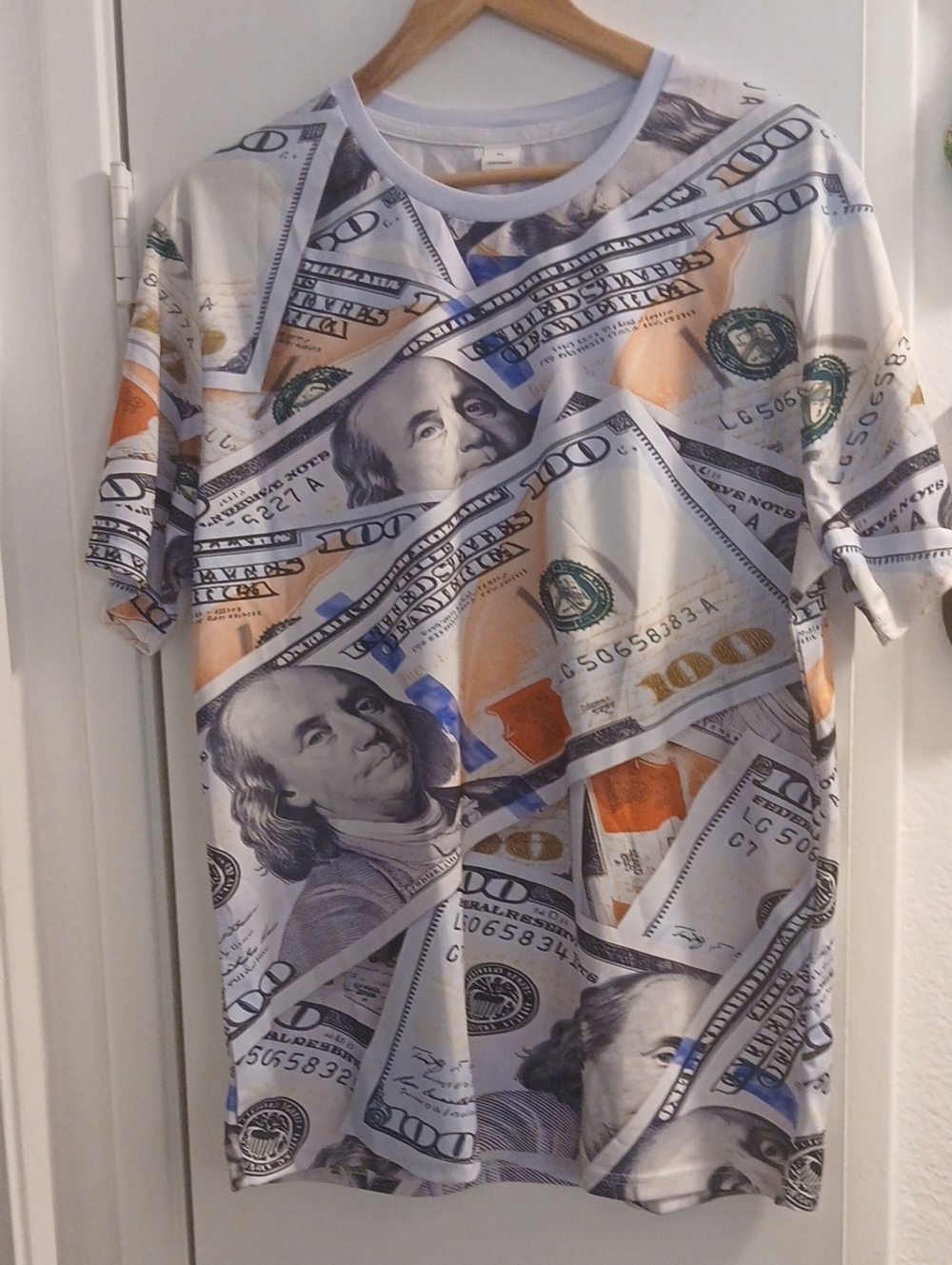 Graphic Money-Print Short Sleeve Shirt - White/Black Accent XL 100% Polyester